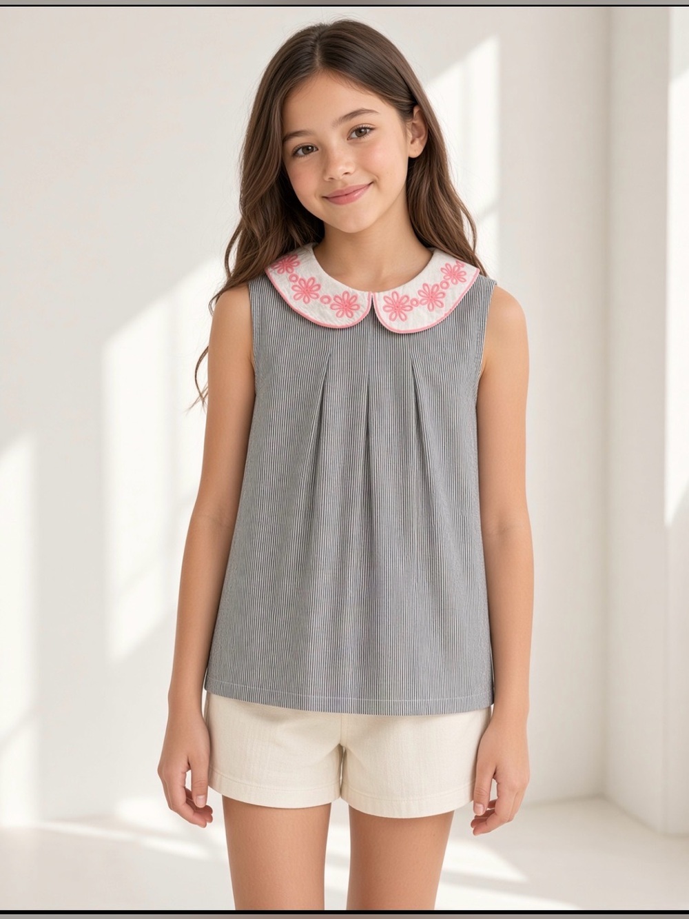 French Connection Girls Grey Pinstripe shirt with Pink Floral Collar size 8-9